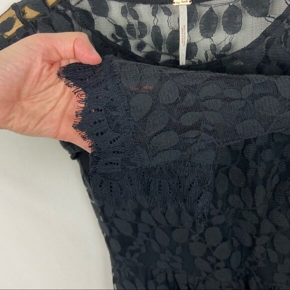 Free People Black Floral Lace Eyelet Dress Size 0 Sheer Floral Bohemian Mini‎ - Picture 10 of 14
